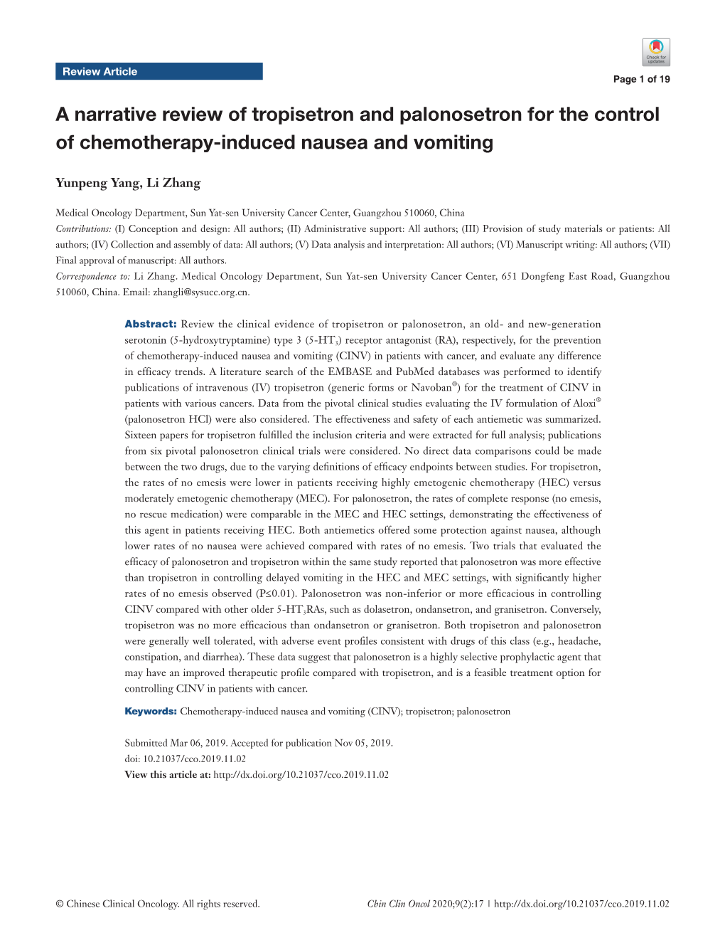 A Narrative Review of Tropisetron and Palonosetron for the Control of Chemotherapy-Induced Nausea and Vomiting