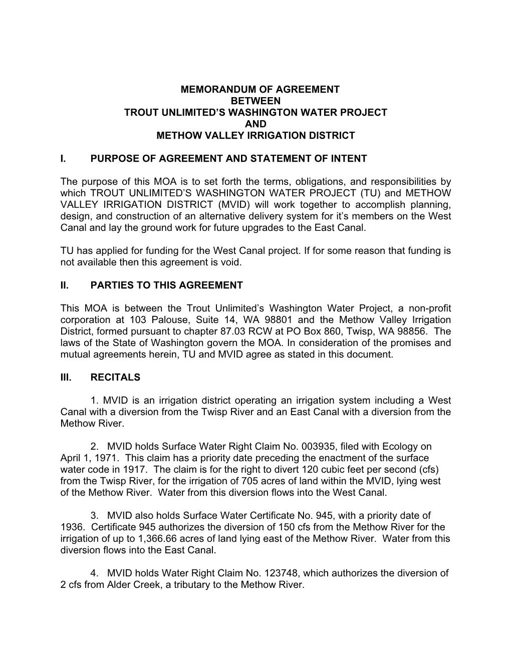 Memorandum of Agreement Between Trout Unlimited’S Washington Water Project and Methow Valley Irrigation District