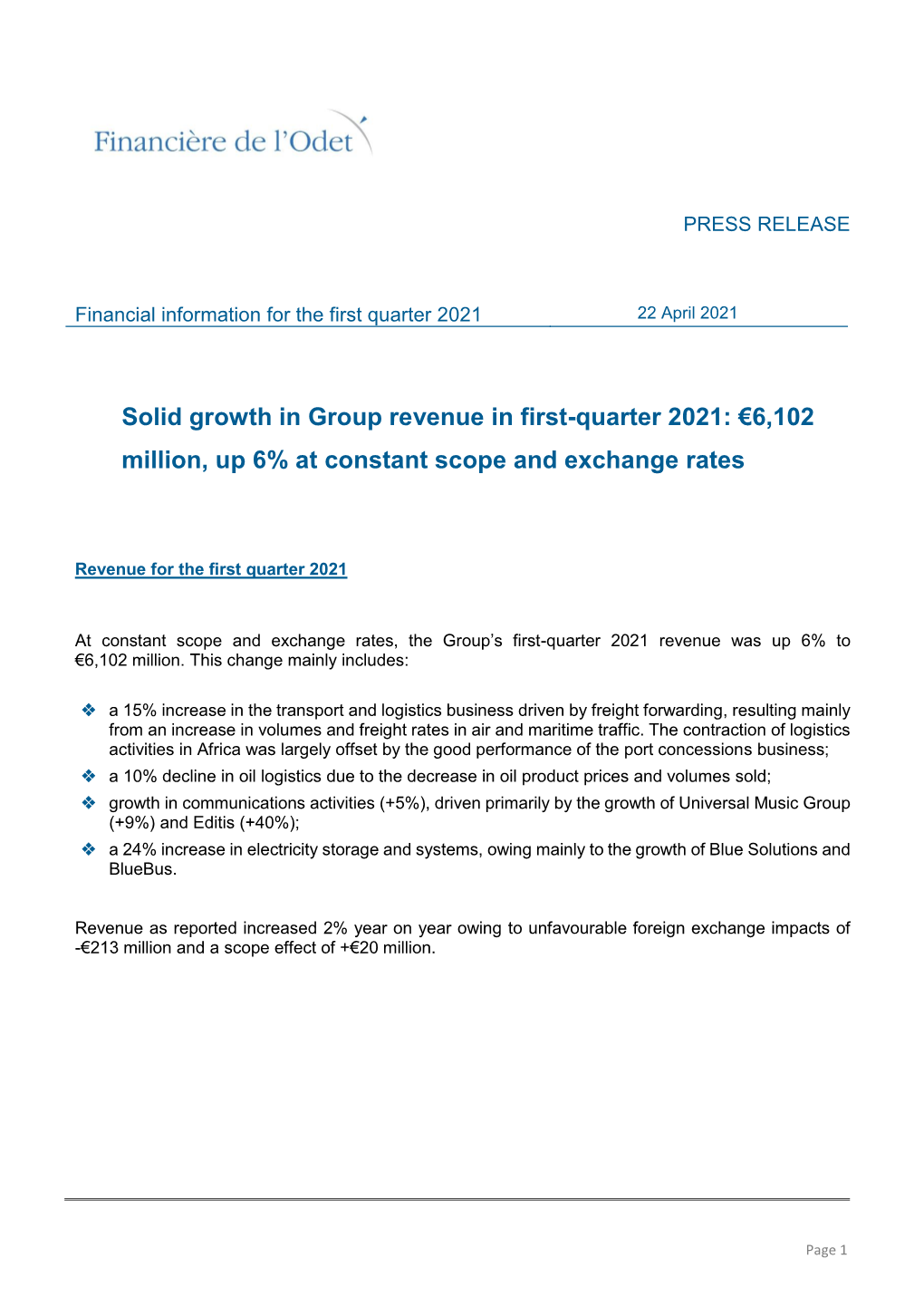 Solid Growth in Group Revenue in First-Quarter 2021: €6,102 Million, up 6% at Constant Scope and Exchange Rates