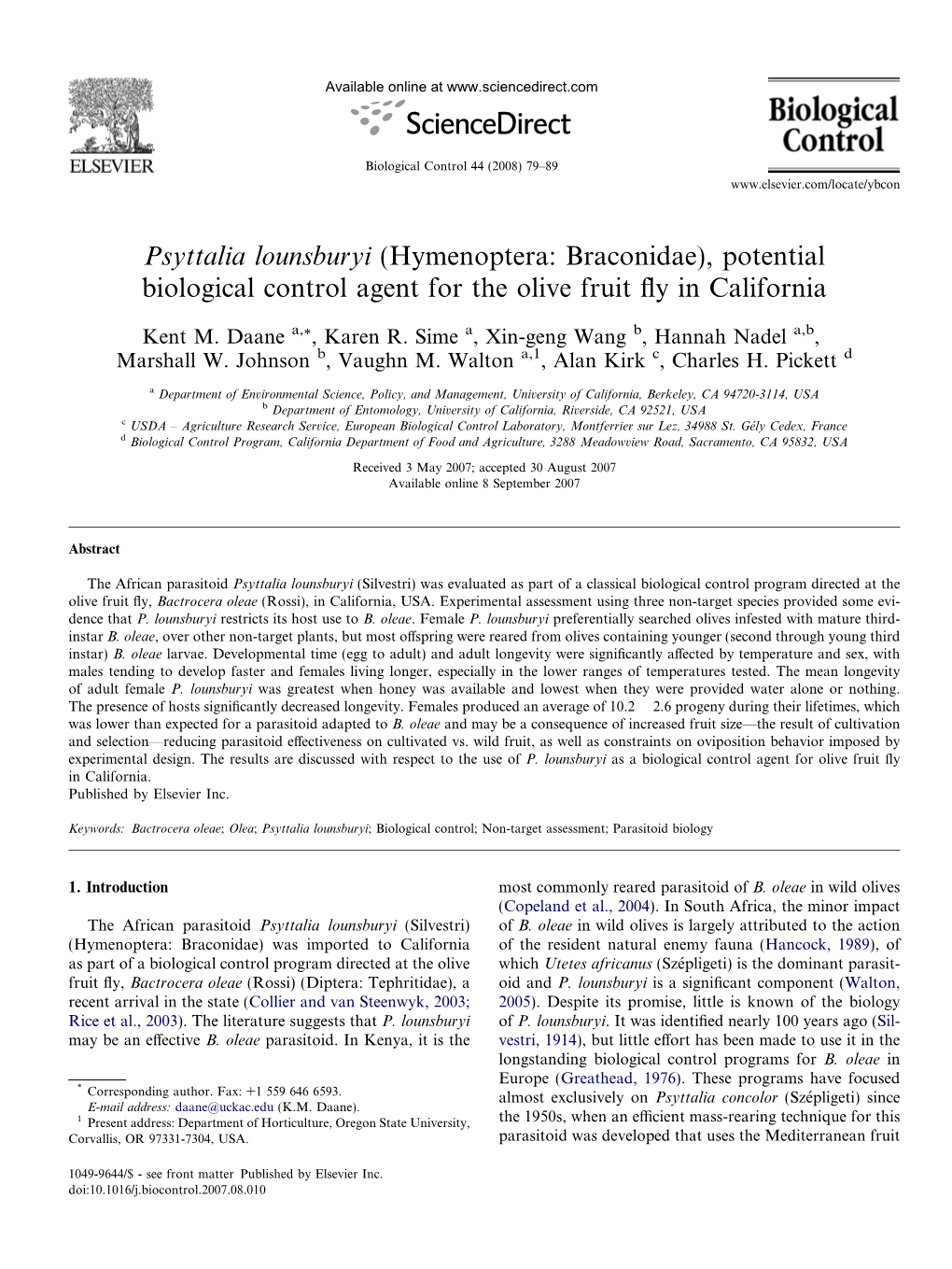 Psyttalia Lounsburyi (Hymenoptera: Braconidae), Potential Biological Control Agent for the Olive Fruit Fly in California