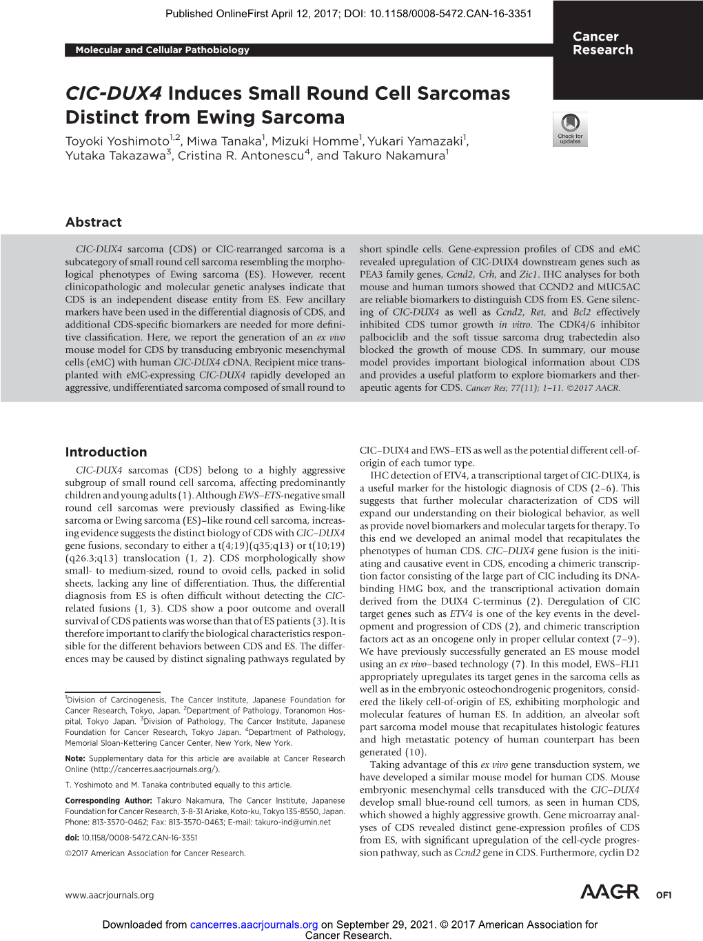 CIC-DUX4 Induces Small Round Cell Sarcomas Distinct from Ewing