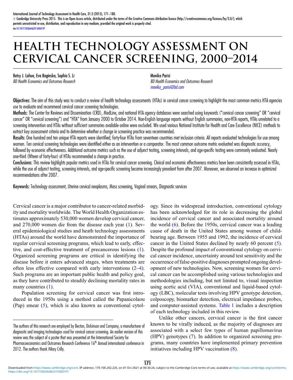 Health Technology Assessment on Cervical Cancer Screening, 2000–2014