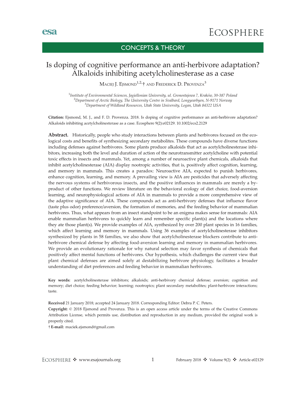 Herbivore Adaptation? Alkaloids Inhibiting Acetylcholinesterase As a Case 1,2, 3 MACIEJ J