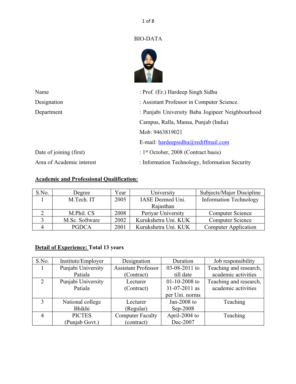 Assistant Professor in Computer Science. Department : Punjabi Univ