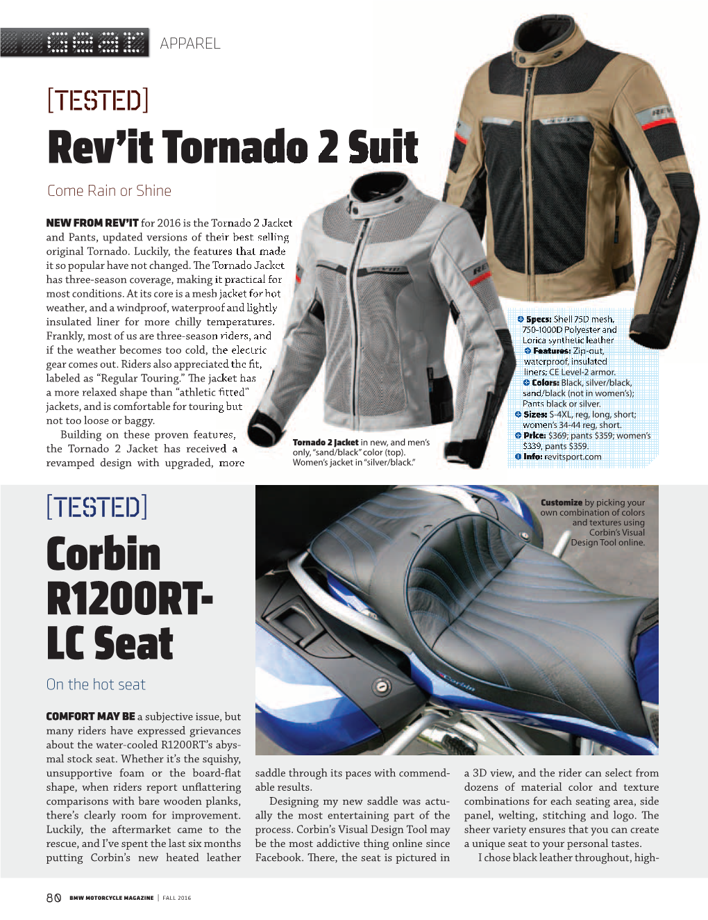 Rev'it Tornado 2 Suit Corbin R1200rt- LC Seat
