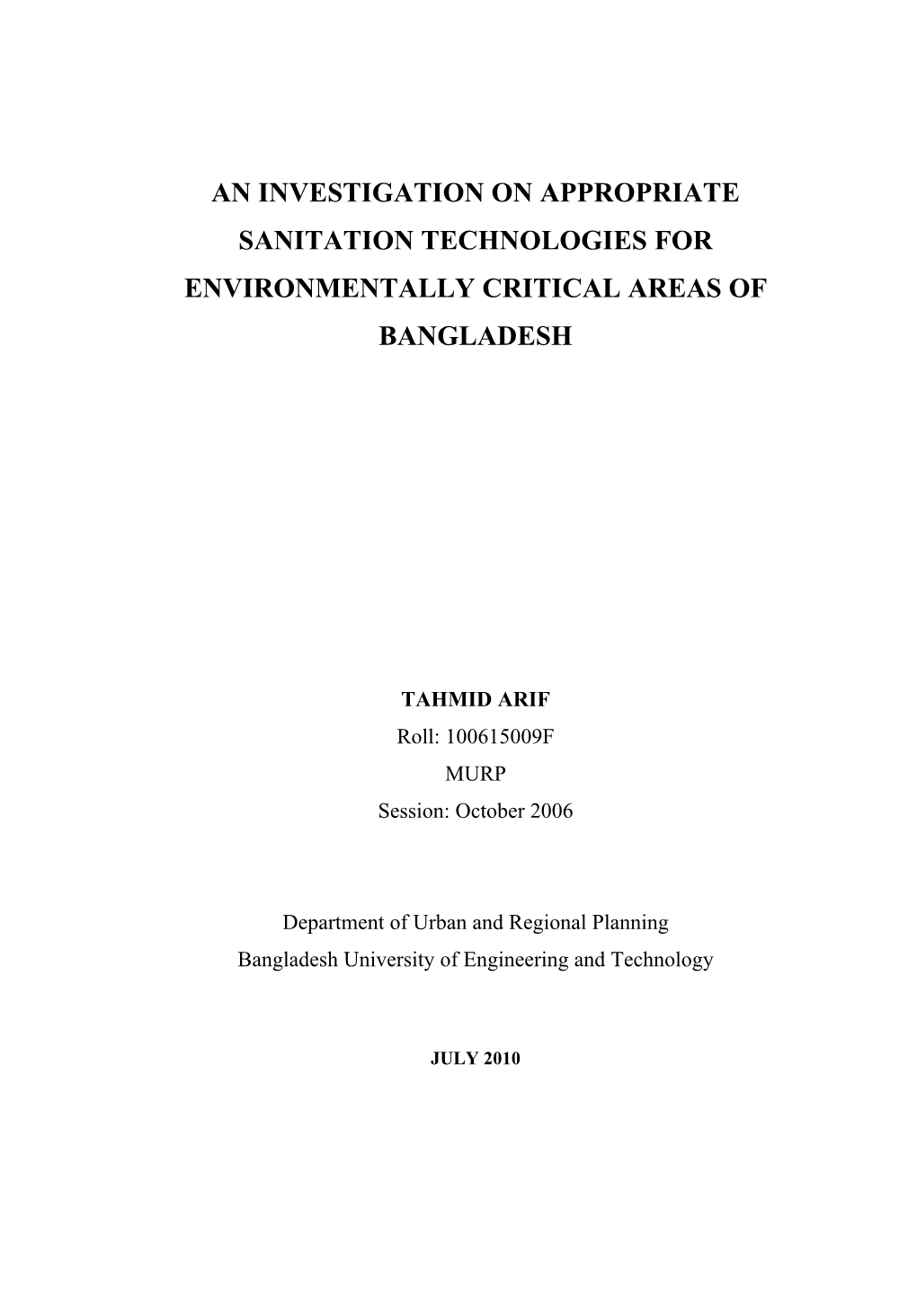 An Investigation on Appropriate Sanitation Technologies for Environmentally Critical Areas of Bangladesh