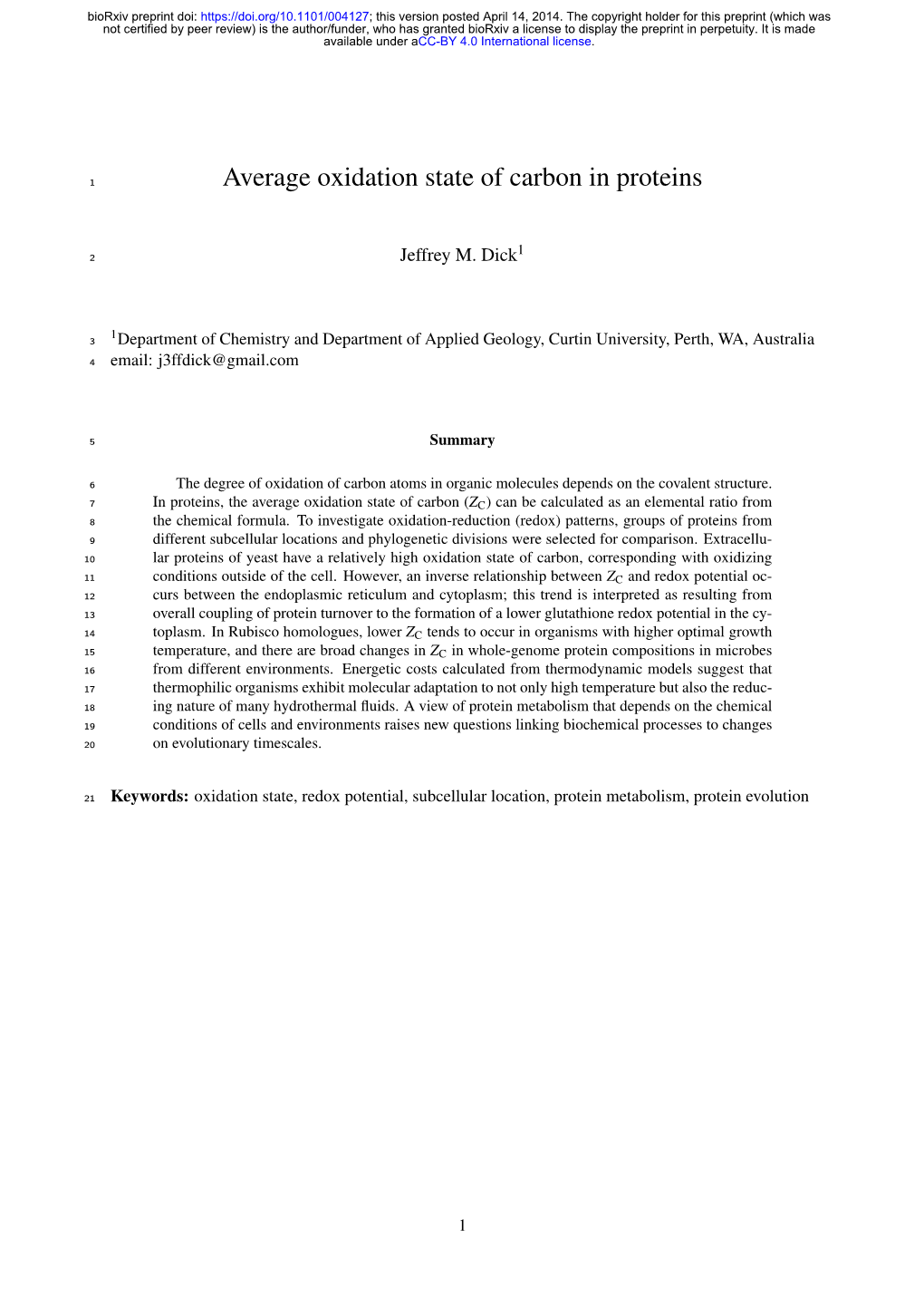 Average Oxidation State of Carbon in Proteins