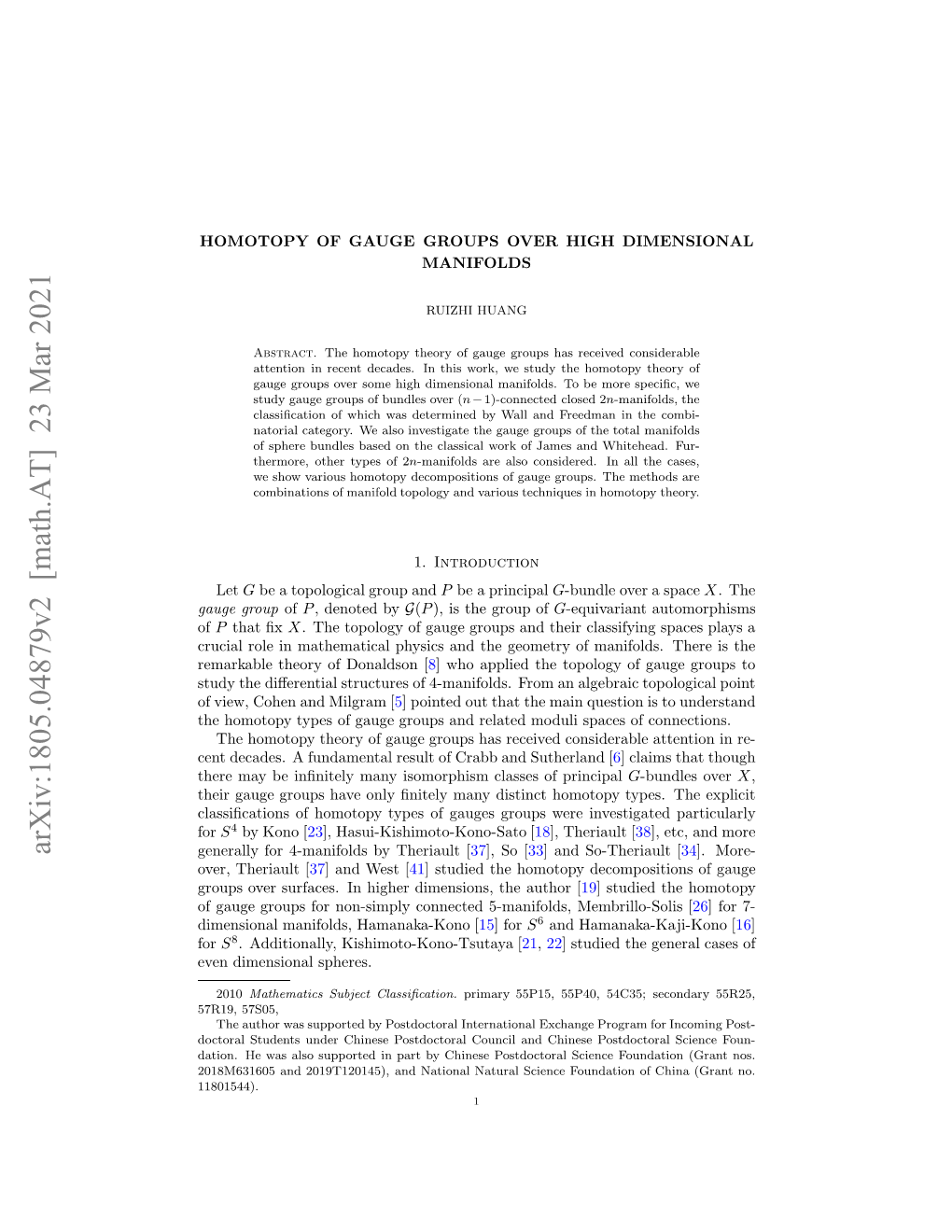 Arxiv:1805.04879V2 [Math.AT] 23 Mar 2021 Rca Oei Ahmtclpyisadtegoer Fmanifolds