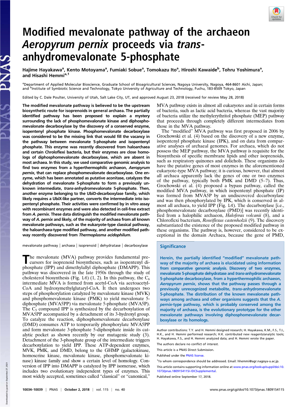 Modified Mevalonate Pathway of the Archaeon Aeropyrum Pernix Proceeds Via Trans- Anhydromevalonate 5-Phosphate