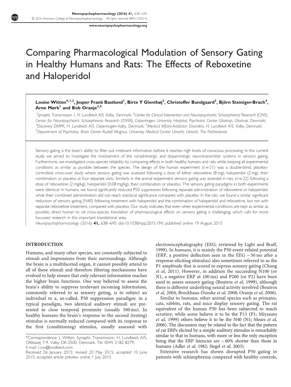 Comparing Pharmacological Modulation of Sensory Gating in Healthy Humans and Rats: the Effects of Reboxetine and Haloperidol