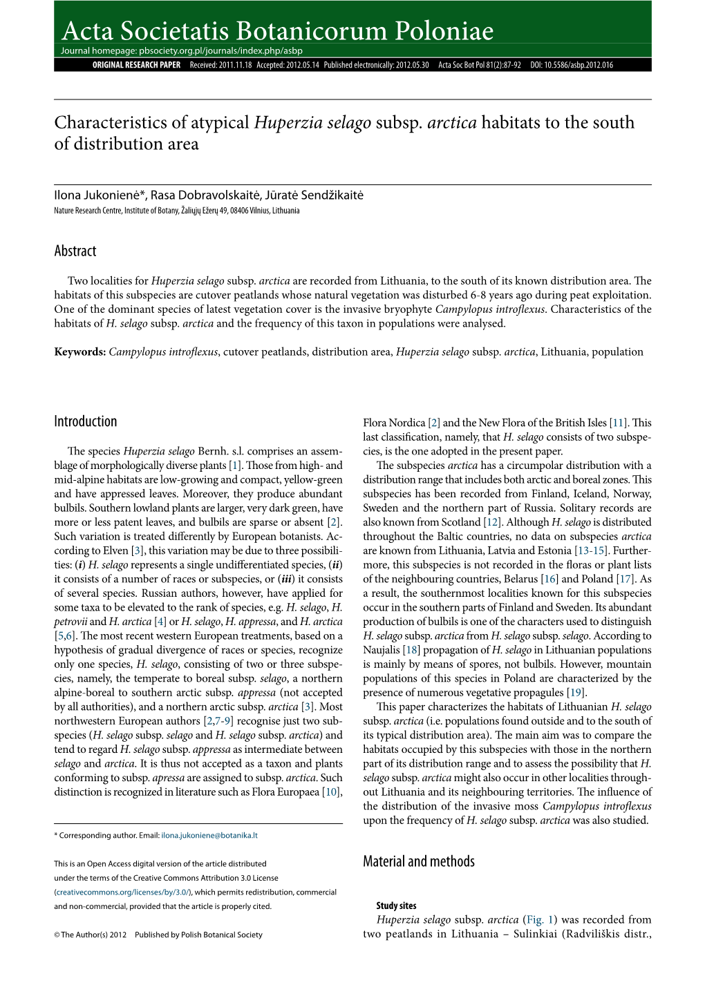 Characteristics of Atypical Huperzia Selago Subsp. Arctica Habitats to the South of Distribution Area