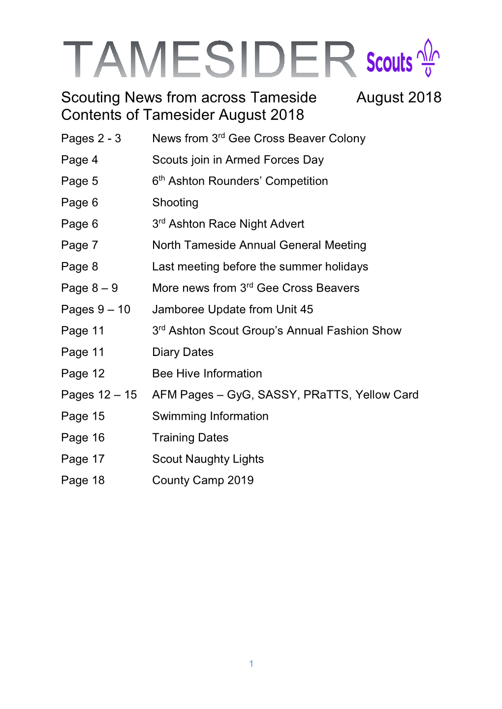 Scouting News from Across Tameside August 2018 Contents of Tamesider