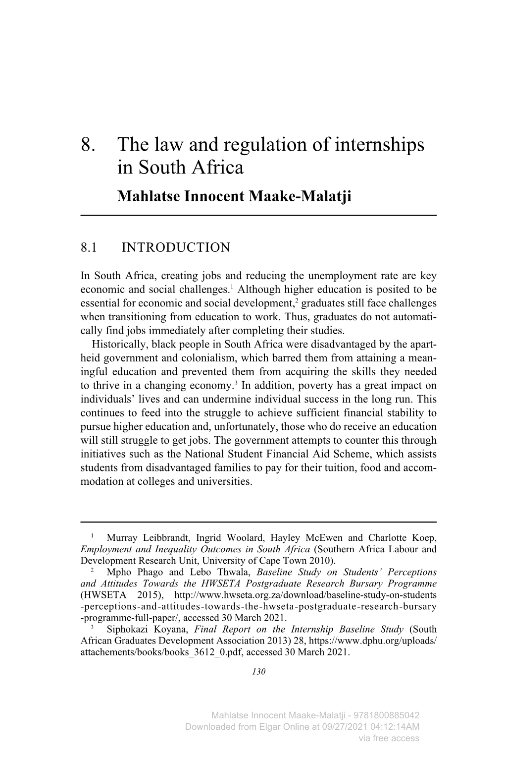8. the Law and Regulation of Internships in South Africa Mahlatse Innocent Maake-Malatji