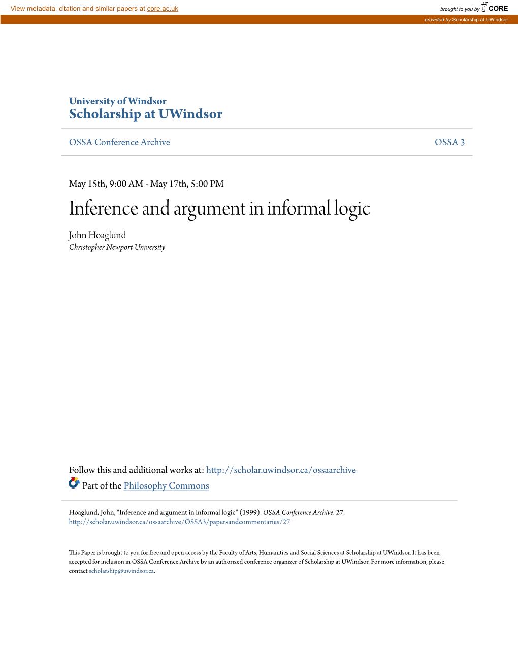 Inference and Argument in Informal Logic John Hoaglund Christopher Newport University