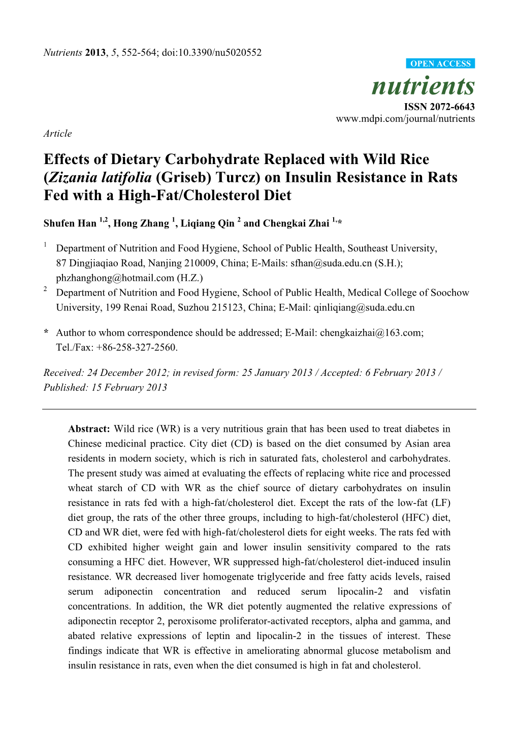 On Insulin Resistance in Rats Fed with a High-Fat/Cholesterol Diet