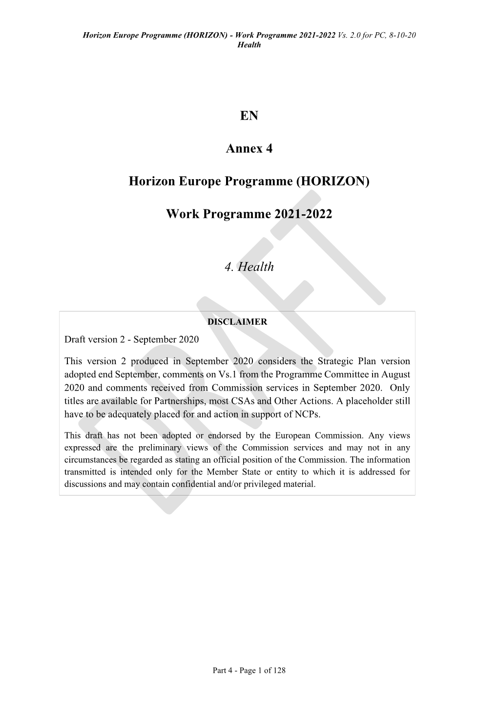 (HORIZON) Work Programme 2021-2022 4. Health