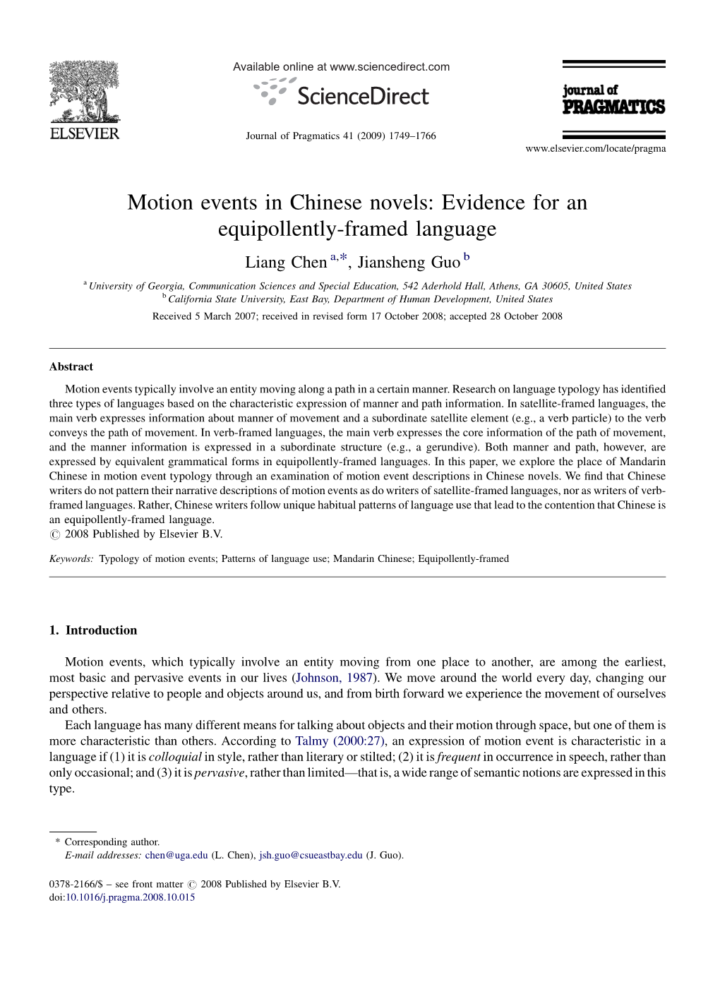 Motion Events in Chinese Novels: Evidence for an Equipollently