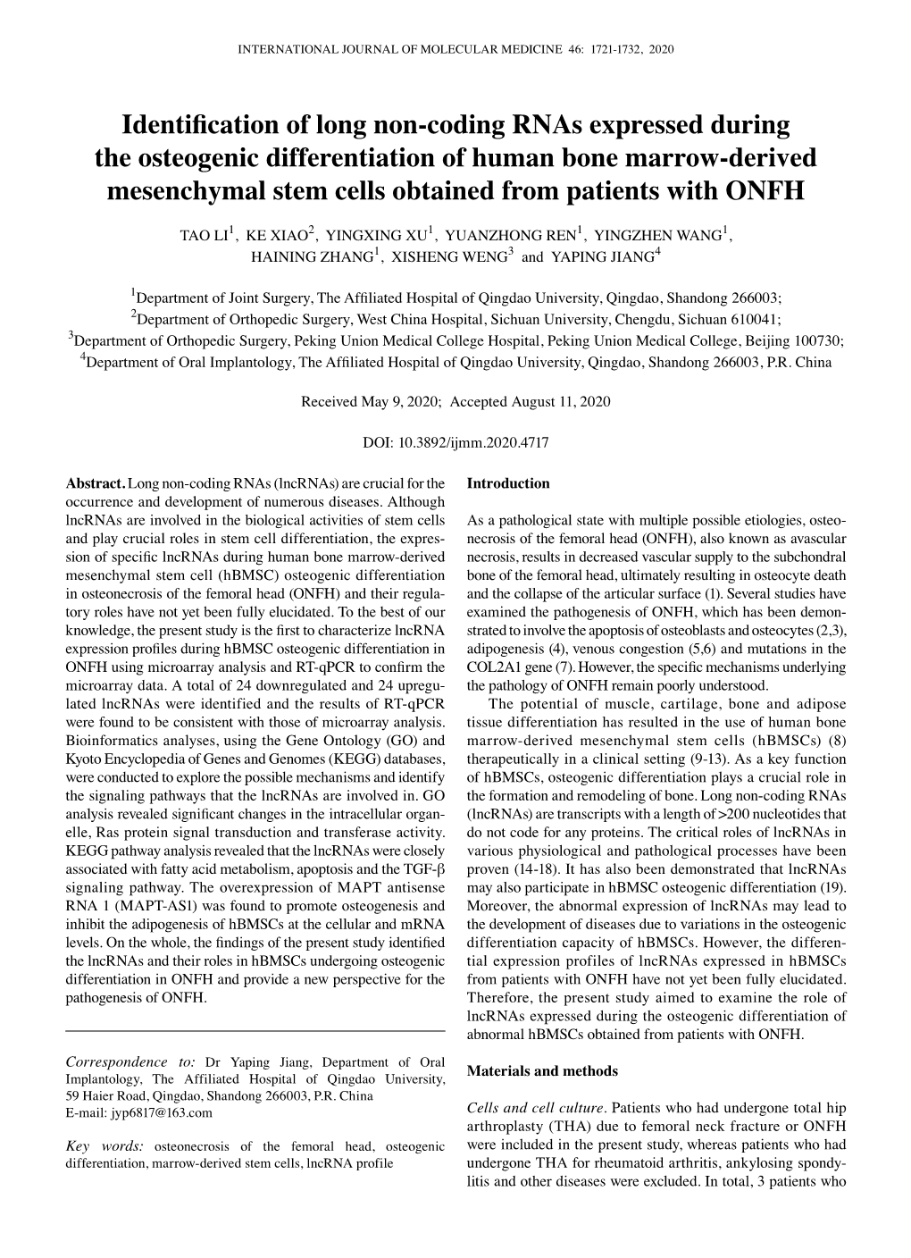 Identification of Long Non‑Coding Rnas Expressed During the Osteogenic