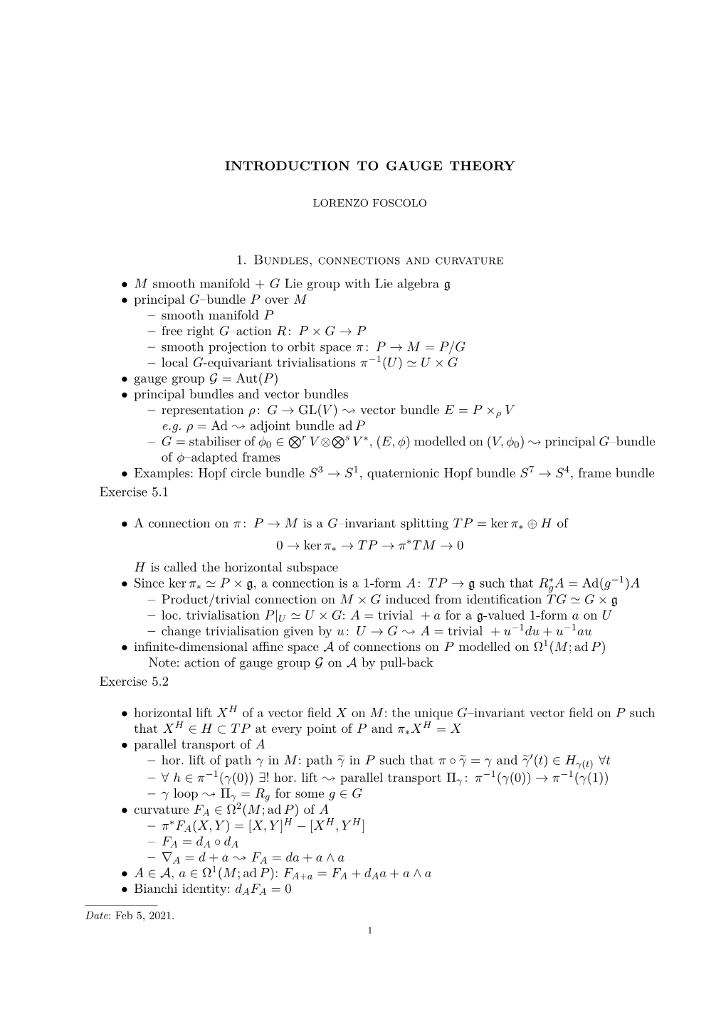 INTRODUCTION to GAUGE THEORY 1. Bundles, Connections