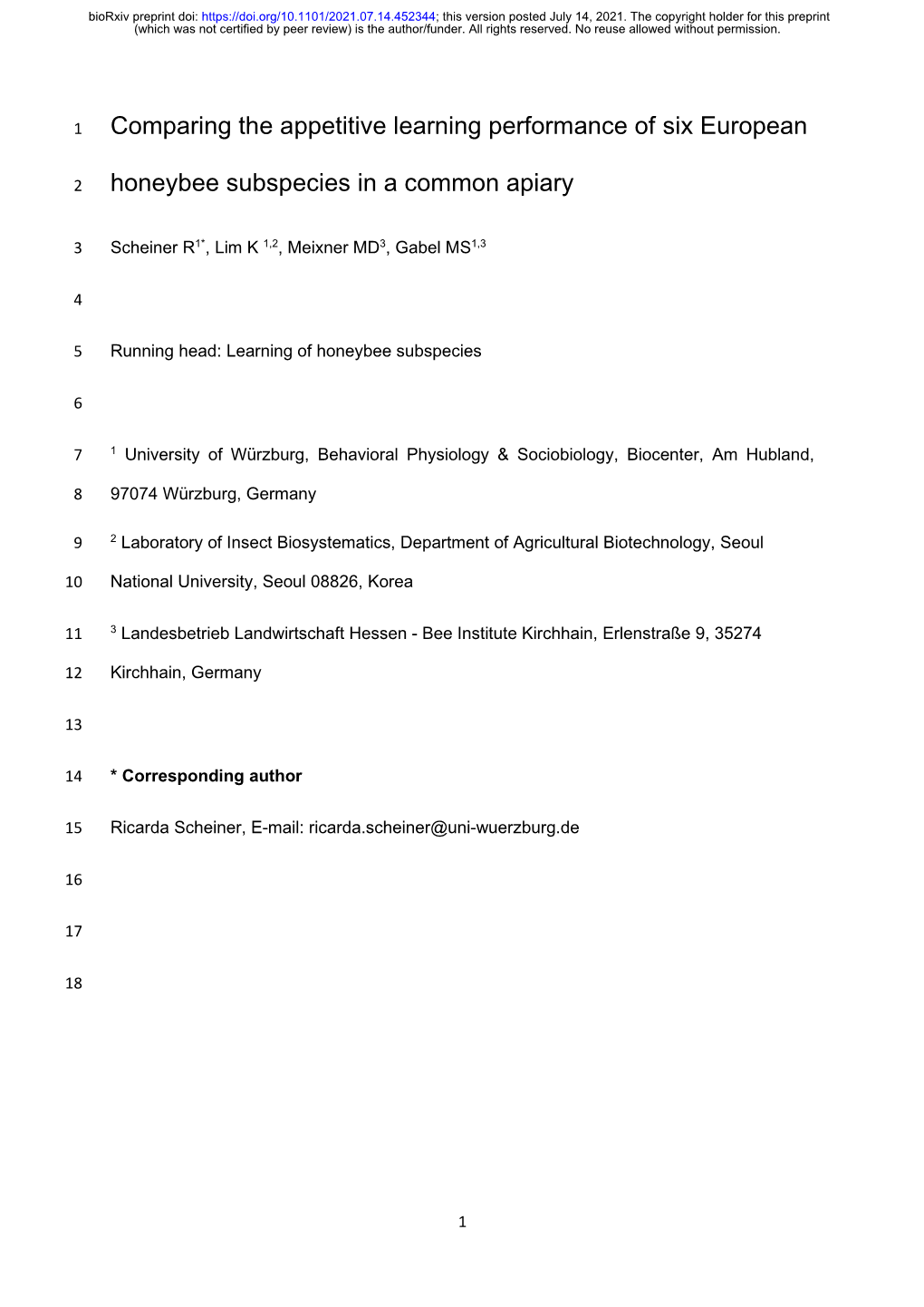 Comparing the Appetitive Learning Performance of Six European