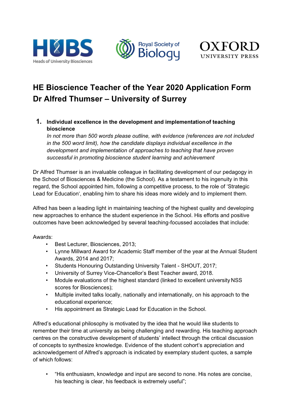 HE Bioscience Teacher of the Year 2020 Application Form Dr Alfred Thumser – University of Surrey