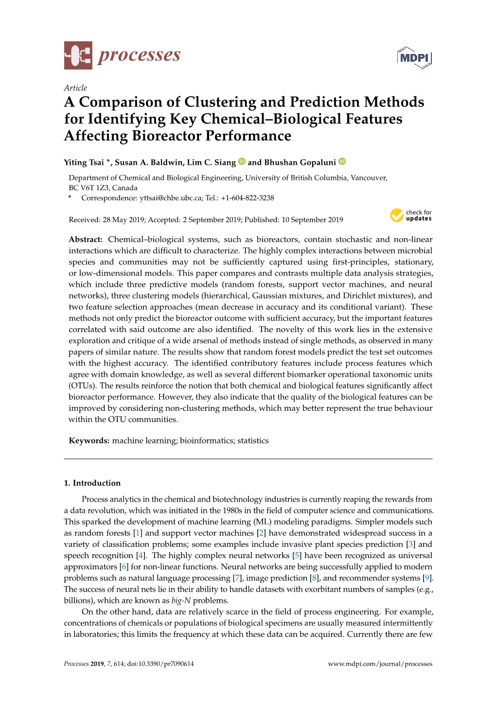 A Comparison of Clustering and Prediction Methods for Identifying Key Chemical–Biological Features Affecting Bioreactor Performance