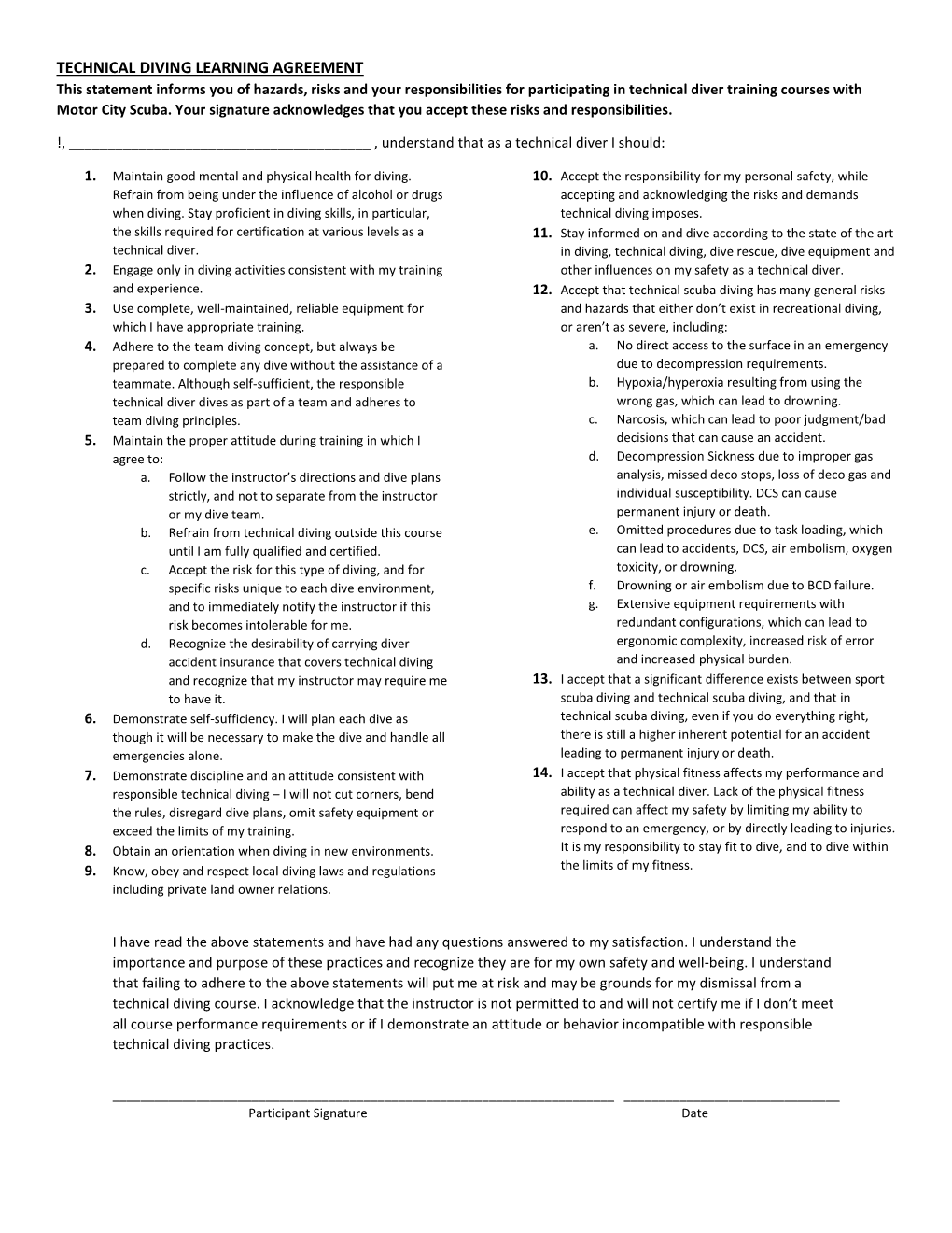 Technical Diving Learning Agreement