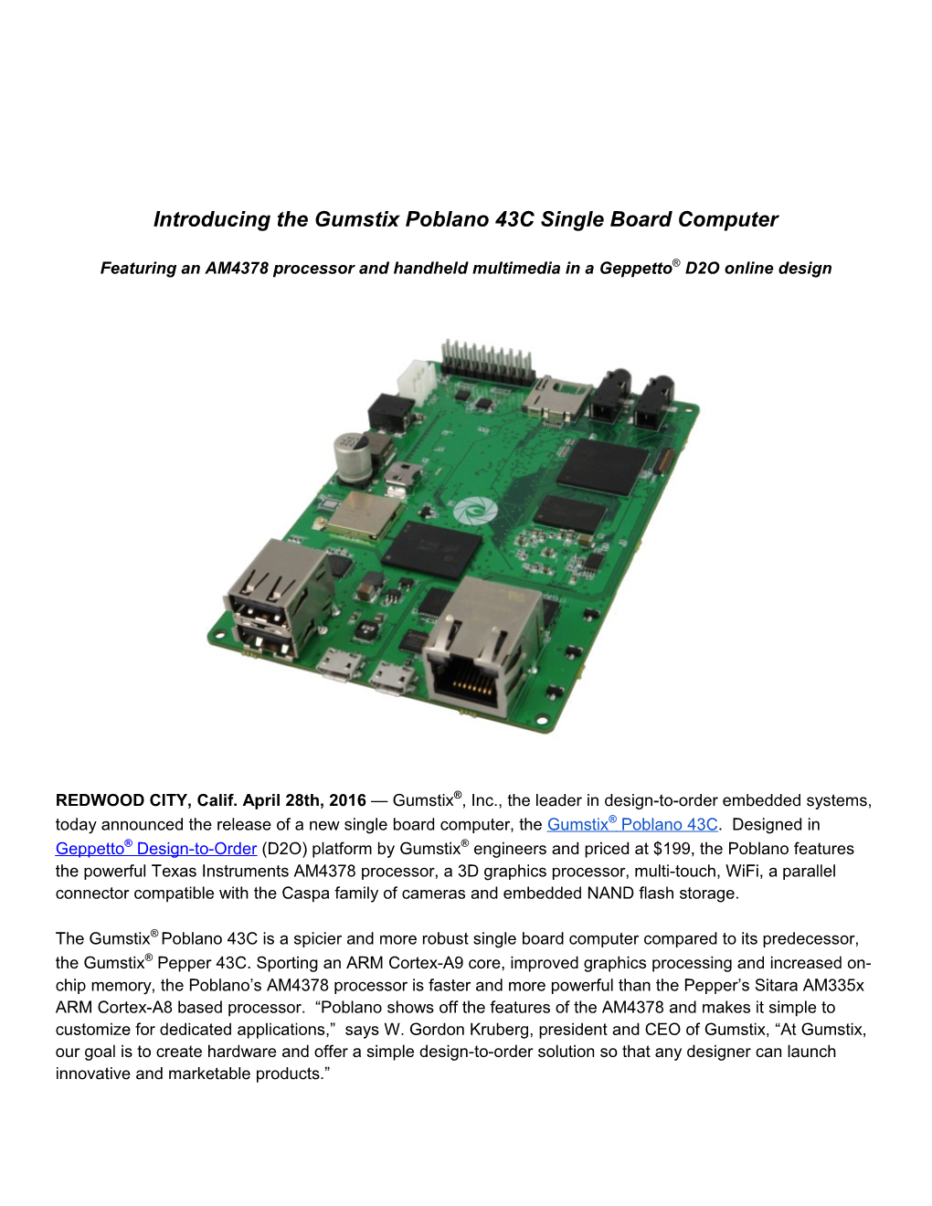 Introducing the Gumstix Poblano 43C Single Board Computer