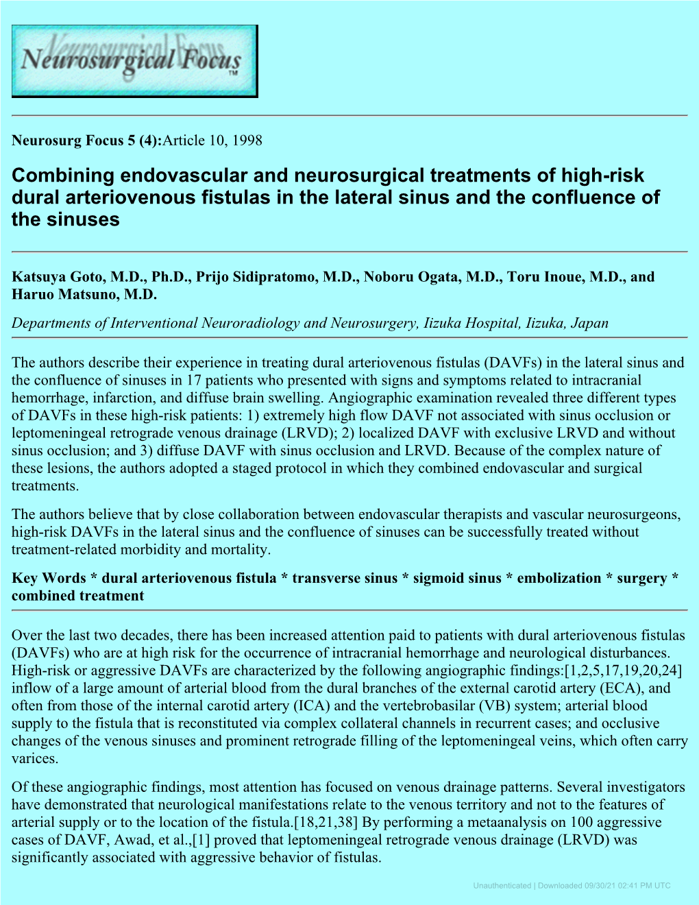 Combining Endovascular and Neurosurgical Treatments of High-Risk Dural Arteriovenous Fistulas in the Lateral Sinus and the Confluence of the Sinuses