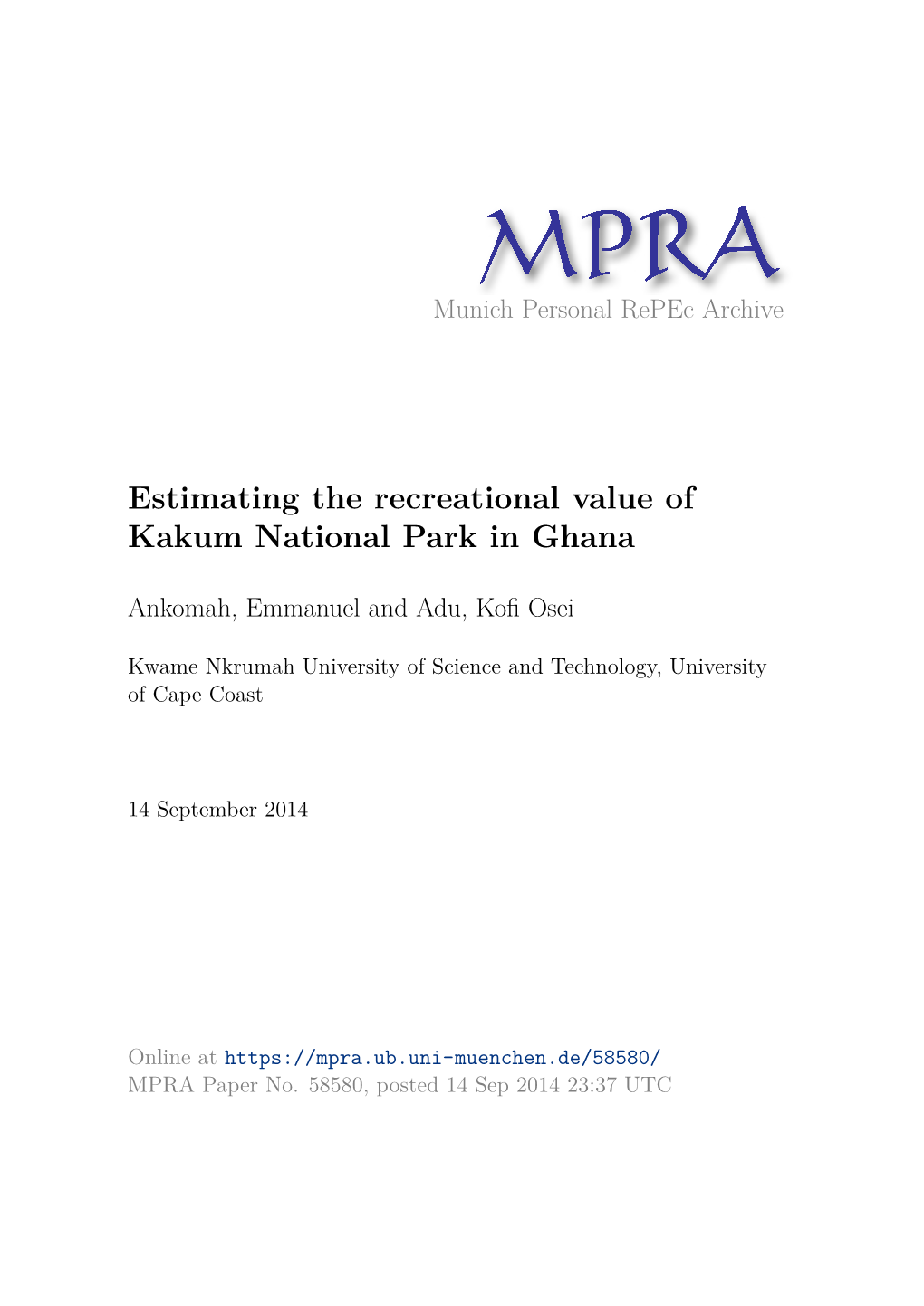 Estimating the Recreational Value of Kakum National Park in Ghana