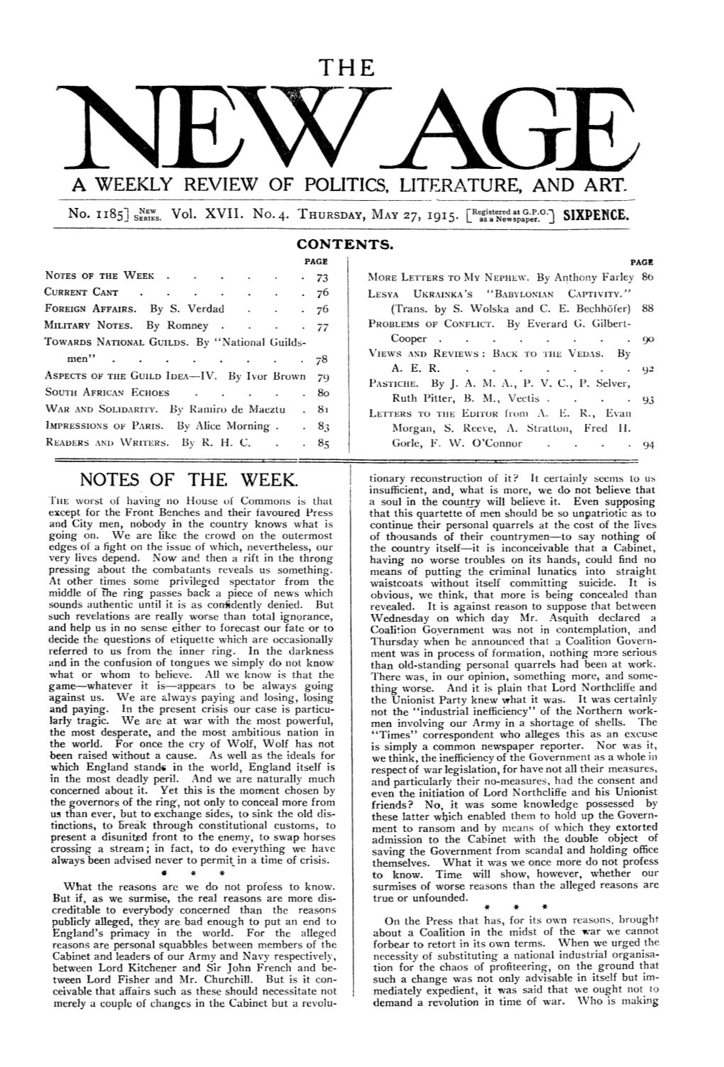 New Age, Vol. 17, No. 4, May 27, 1915