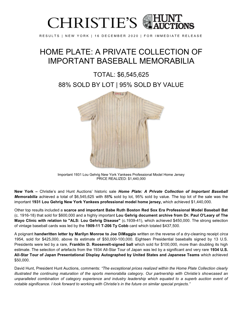 Home Plate: a Private Collection of Important Baseball Memorabilia