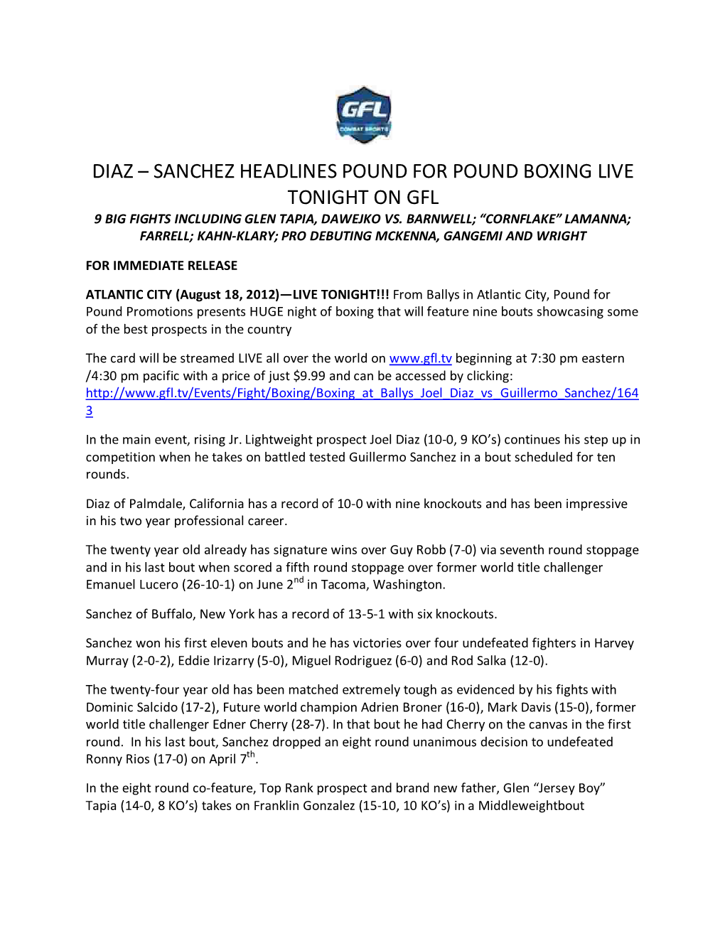 Diaz – Sanchez Headlines Pound for Pound Boxing Live Tonight on Gfl 9 Big Fights Including Glen Tapia, Dawejko Vs