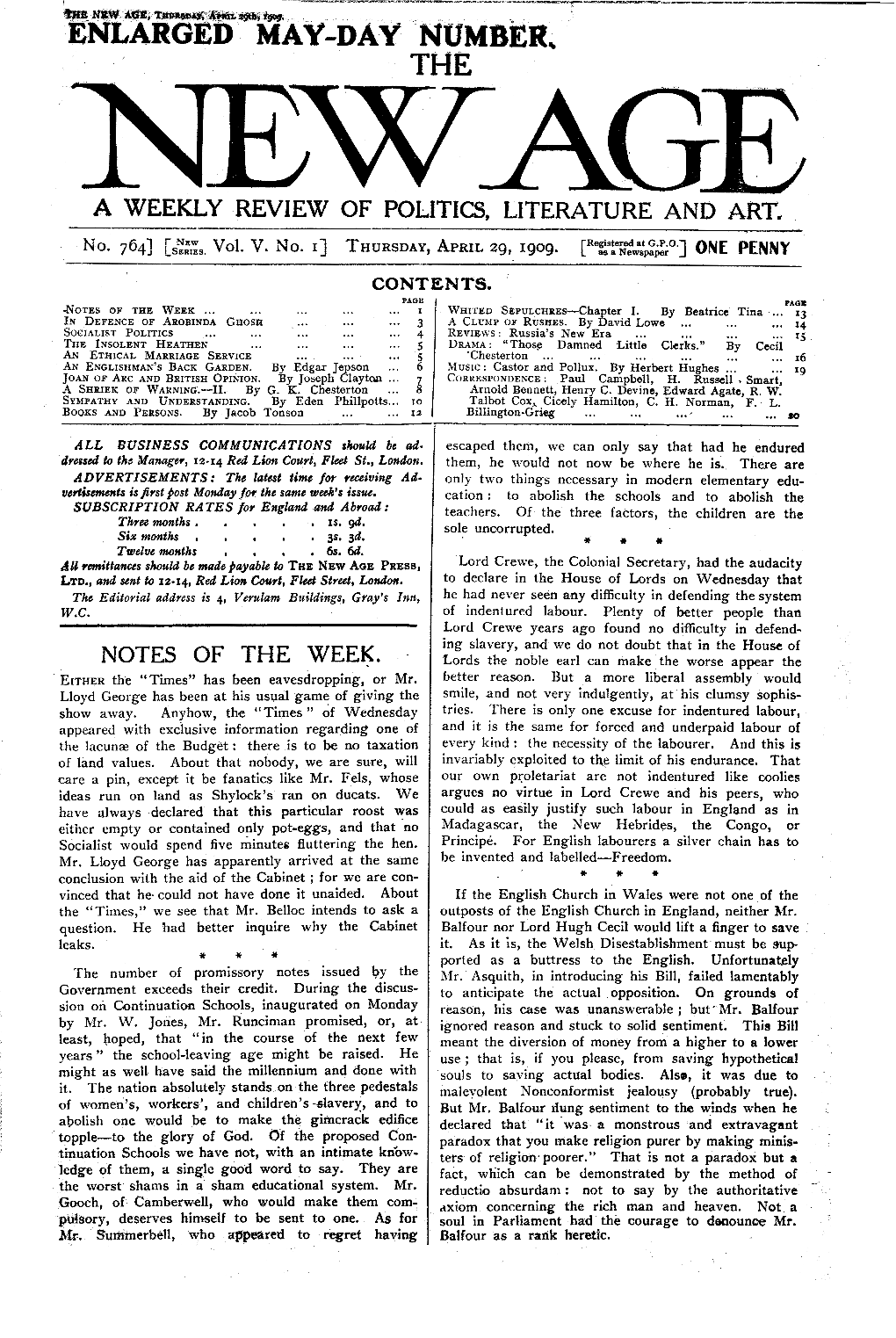 New Age, Vol. 5 No.1, April 29, 1909