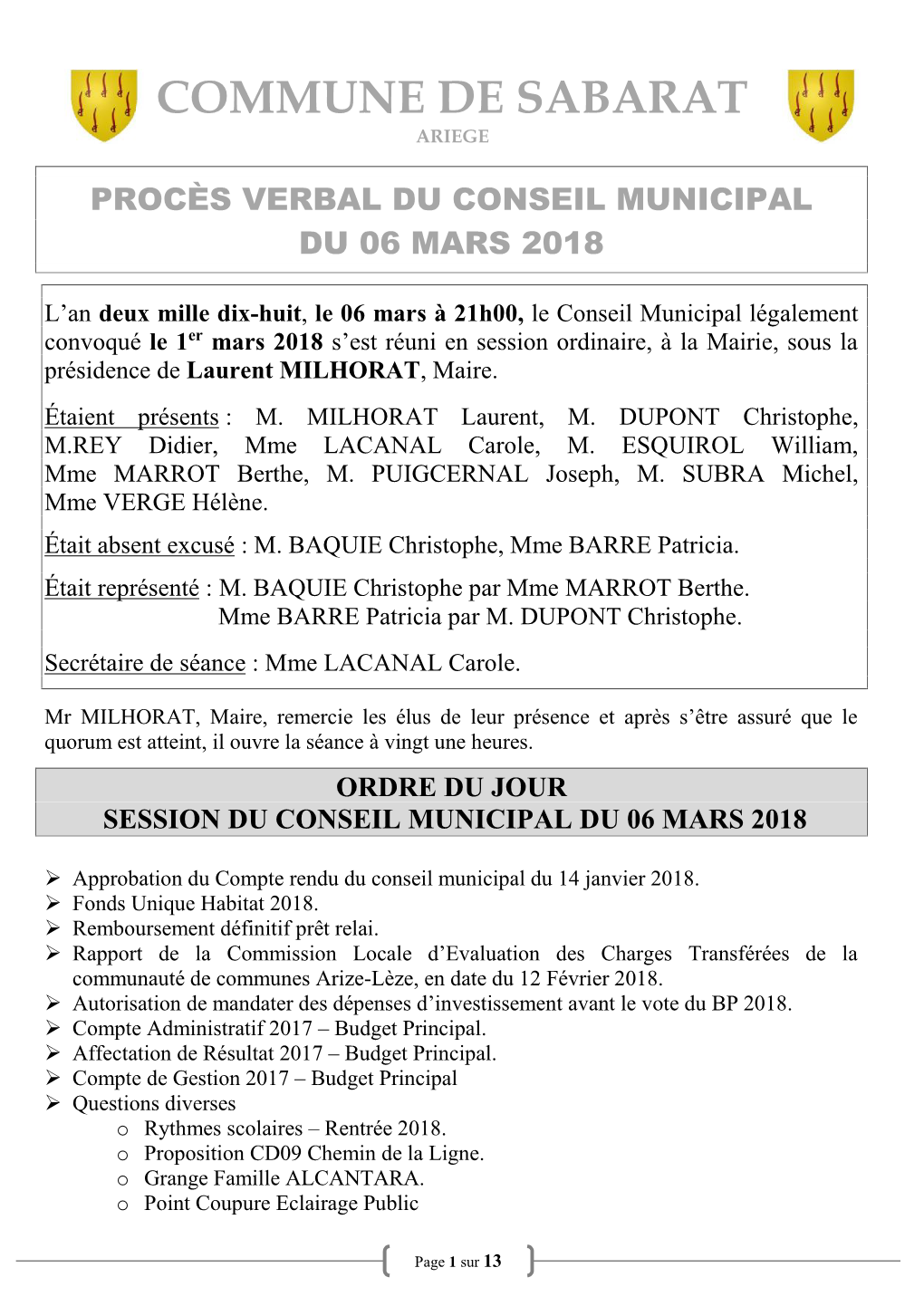 Compte Rendu Du Conseil Municipal Du 06 Mars 2018