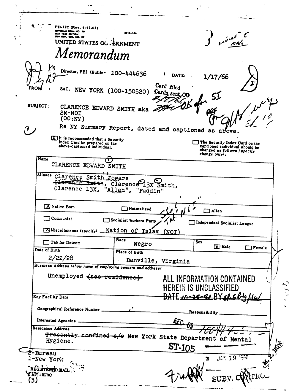 Clarence Smith, :5 Was Committed from NY County on Ll/16/65, and Admitted to Matteawan State Hospital on Ll/26/65