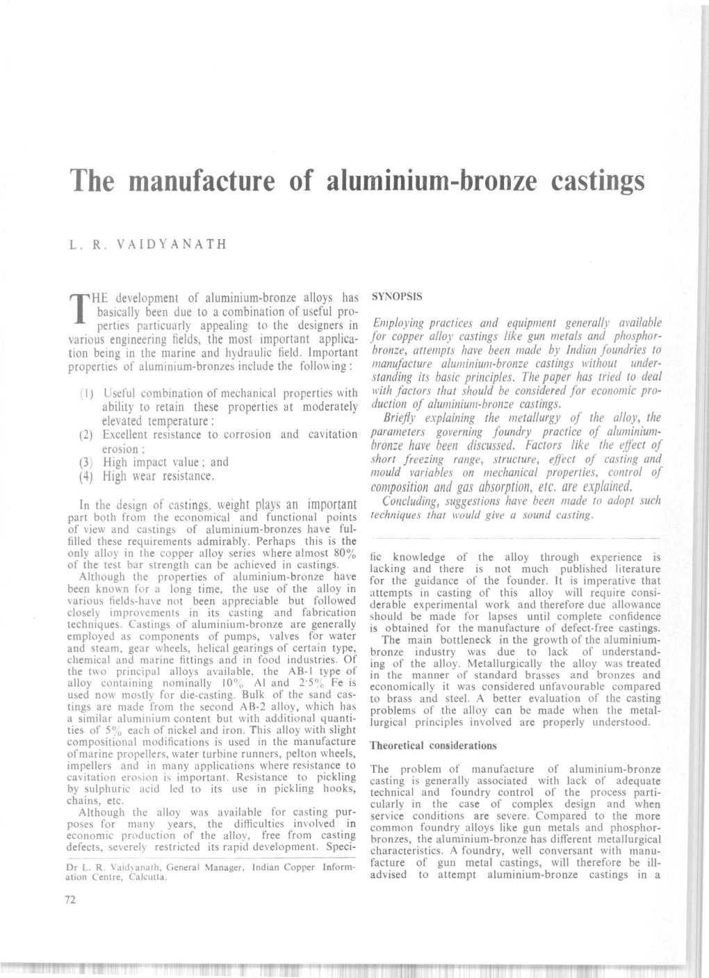 The Manufacture of Aluminium-Bronze Castings