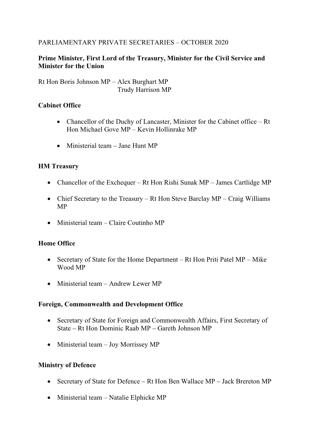 Parliamentary Private Secretaries: October 2020