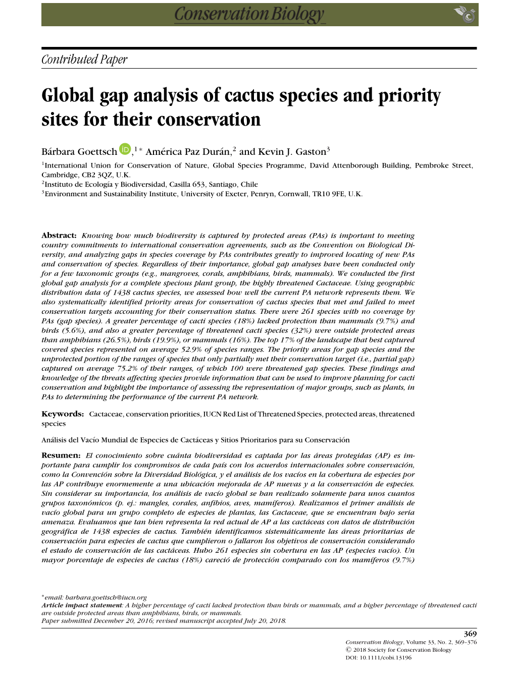 Global Gap Analysis of Cactus Species and Priority Sites for Their Conservation