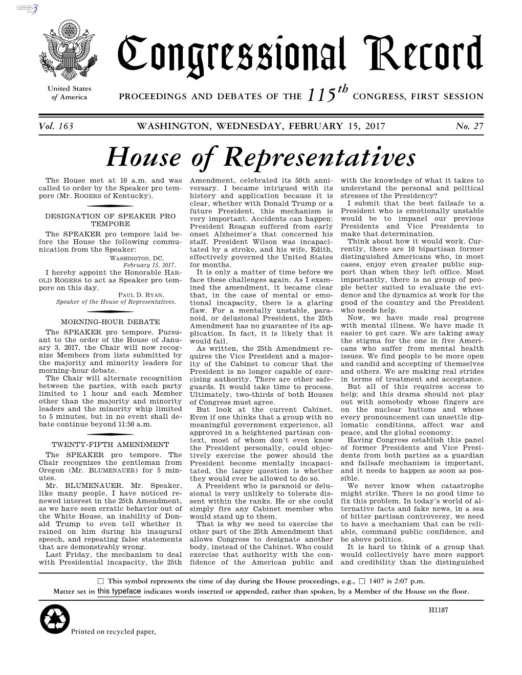 Congressional Record United States Th of America PROCEEDINGS and DEBATES of the 115 CONGRESS, FIRST SESSION