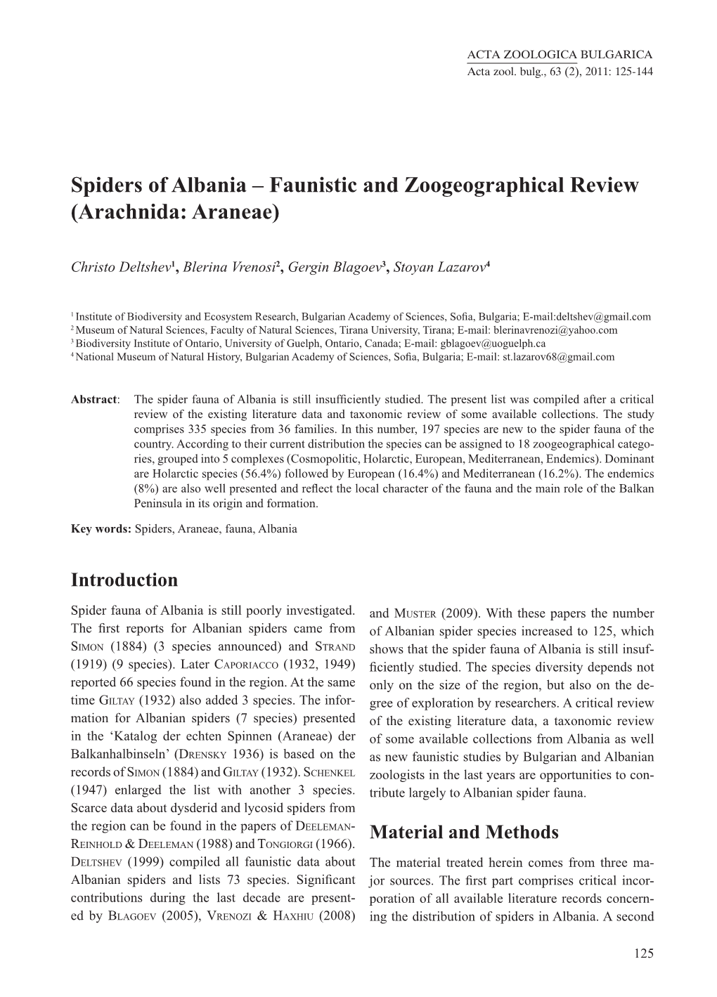 Spiders of Albania – Faunistic and Zoogeographical Review (Arachnida: Araneae)