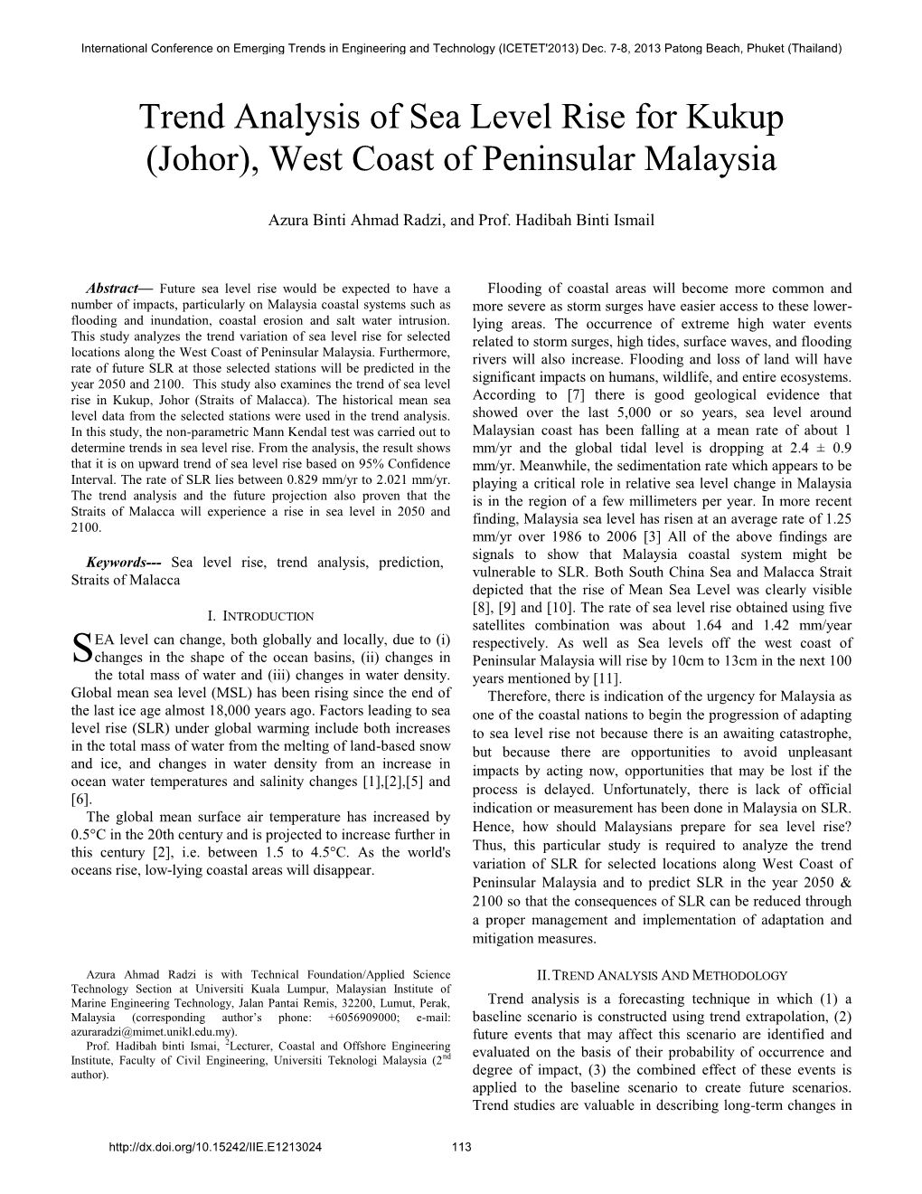 Trend Analysis of Sea Level Rise for Kukup (Johor), West Coast of Peninsular Malaysia