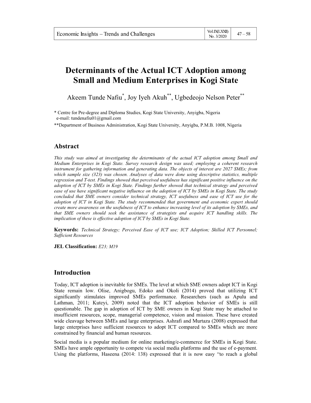 Determinants of the Actual ICT Adoption Among Small and Medium Enterprises in Kogi State