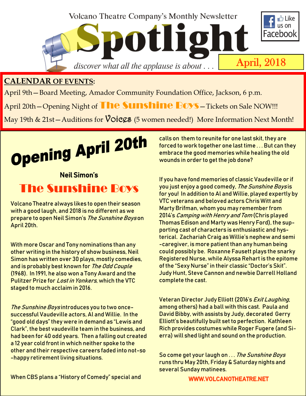 The Sunshine Boys—Tickets on Sale NOW!!! May 19Th & 21St—Auditions for Voices (5 Women Needed!) More Information Next Month!