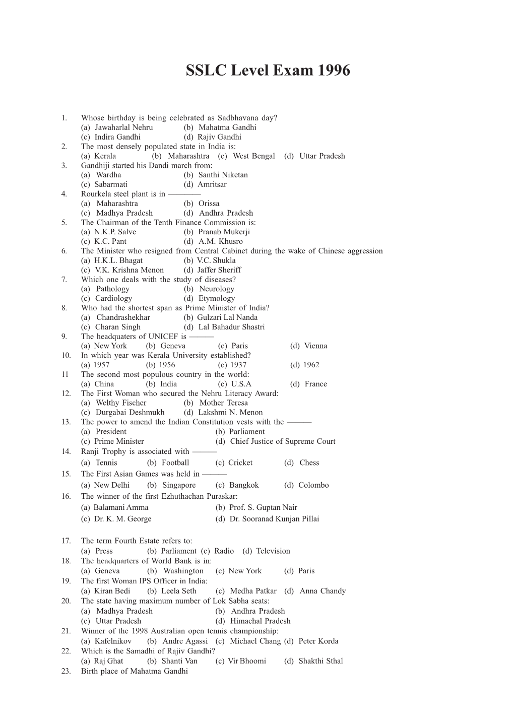 SSLC Level Exam 1996