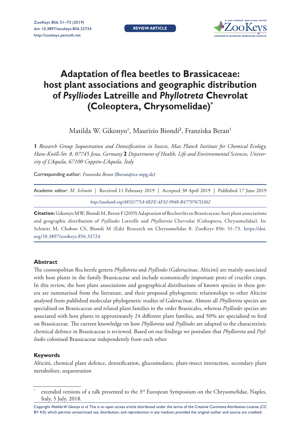 Adaptation of Flea Beetles to Brassicaceae: Host Plant Associations and Geographic Distribution of Psylliodes Latreille and Phyllotreta Chevrolat (Coleoptera, Chrysomelidae)