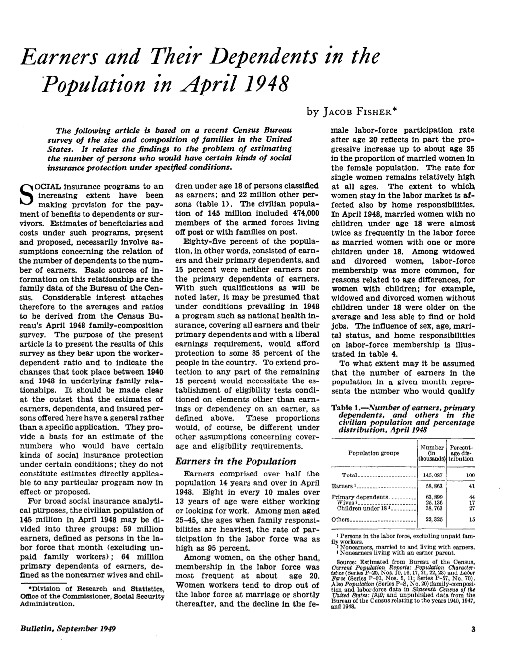 Earners and Their Dependents in the Population in April 1948