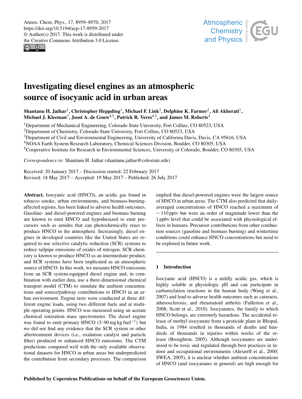 Investigating Diesel Engines As an Atmospheric Source of Isocyanic Acid in Urban Areas