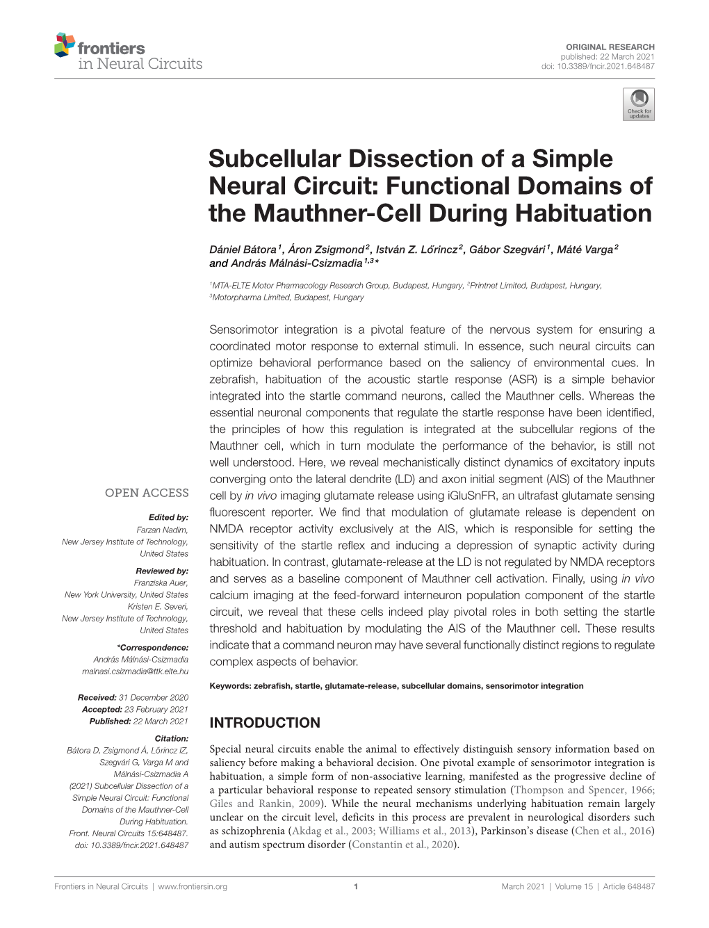 Functional Domains of the Mauthner-Cell During Habituation