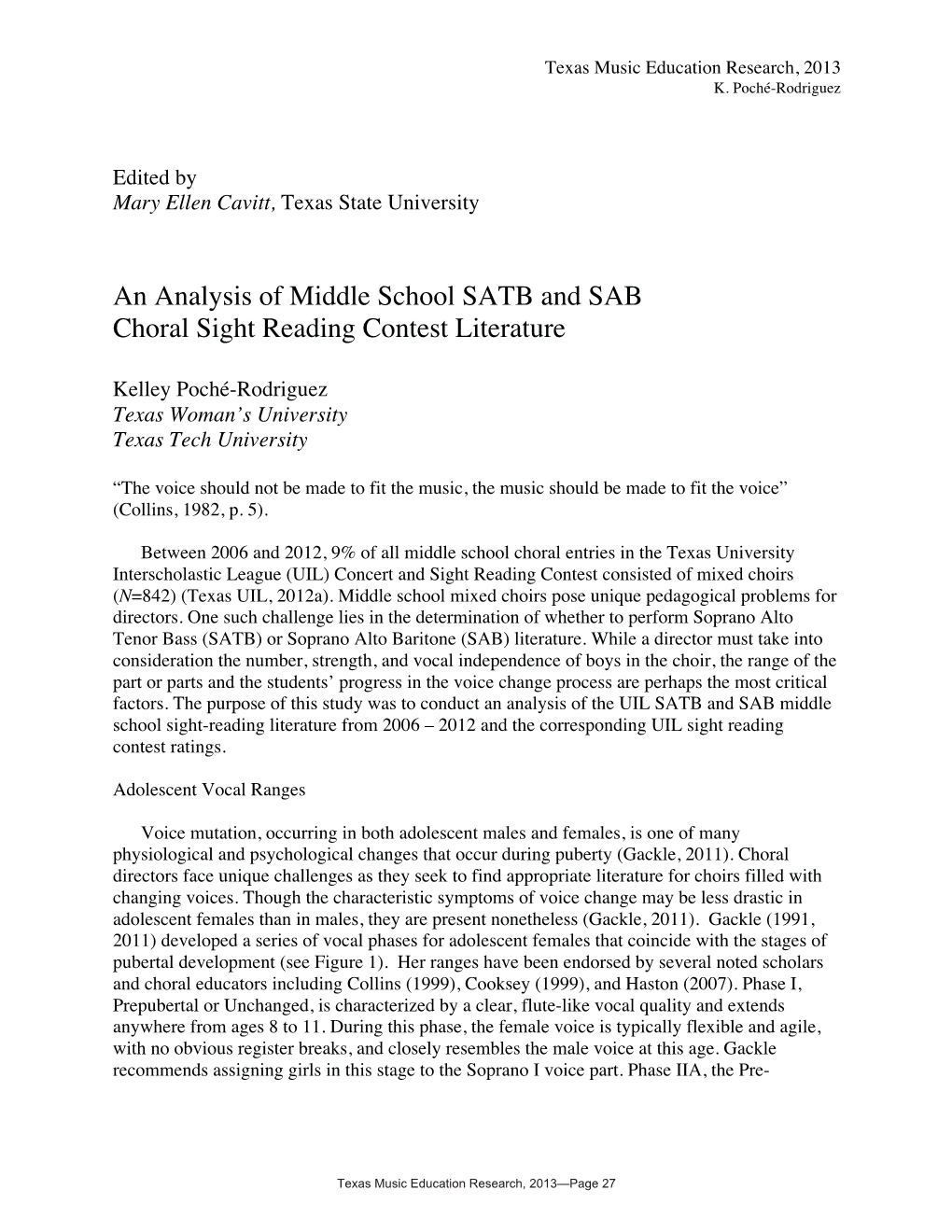 An Analysis of Middle School SATB and SAB Choral Sight Reading Contest Literature